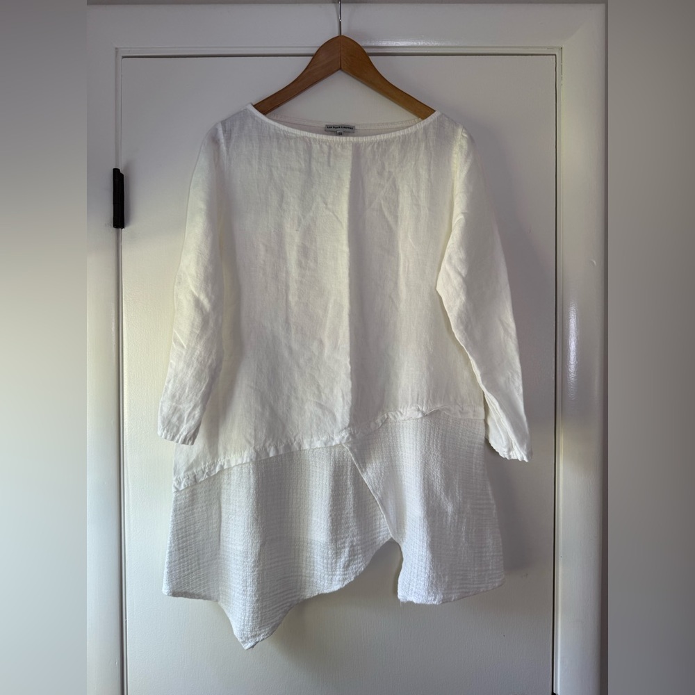 Lin Pour L’Autre 100% Linen Solid White Split Hem Tiered Shirt Lagenlook Size 38